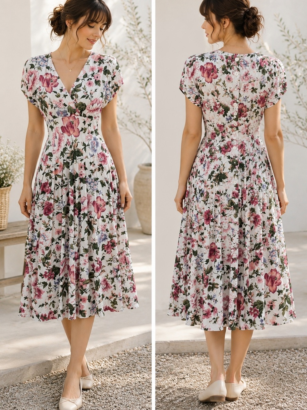 Vintage 80s Floral Midi Dress Romantic Cottagecore Rayon Acetate Fit Flare 5/6